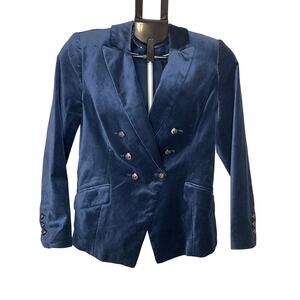 White Black Navy Velvet Blazer Sz 6P Double Breasted Gold Button Petite Jacket